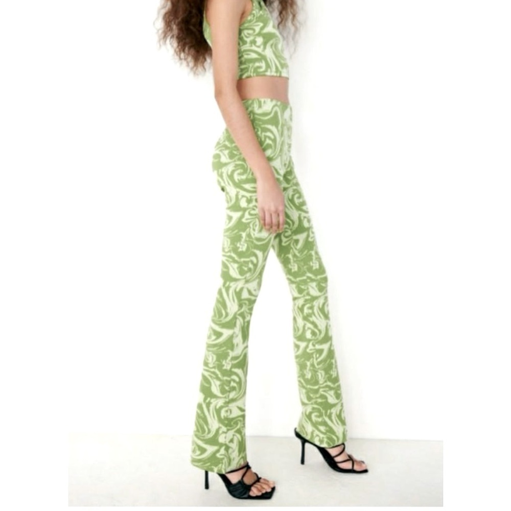 Zara Green Swirl Print High-Waist Flared Trousers